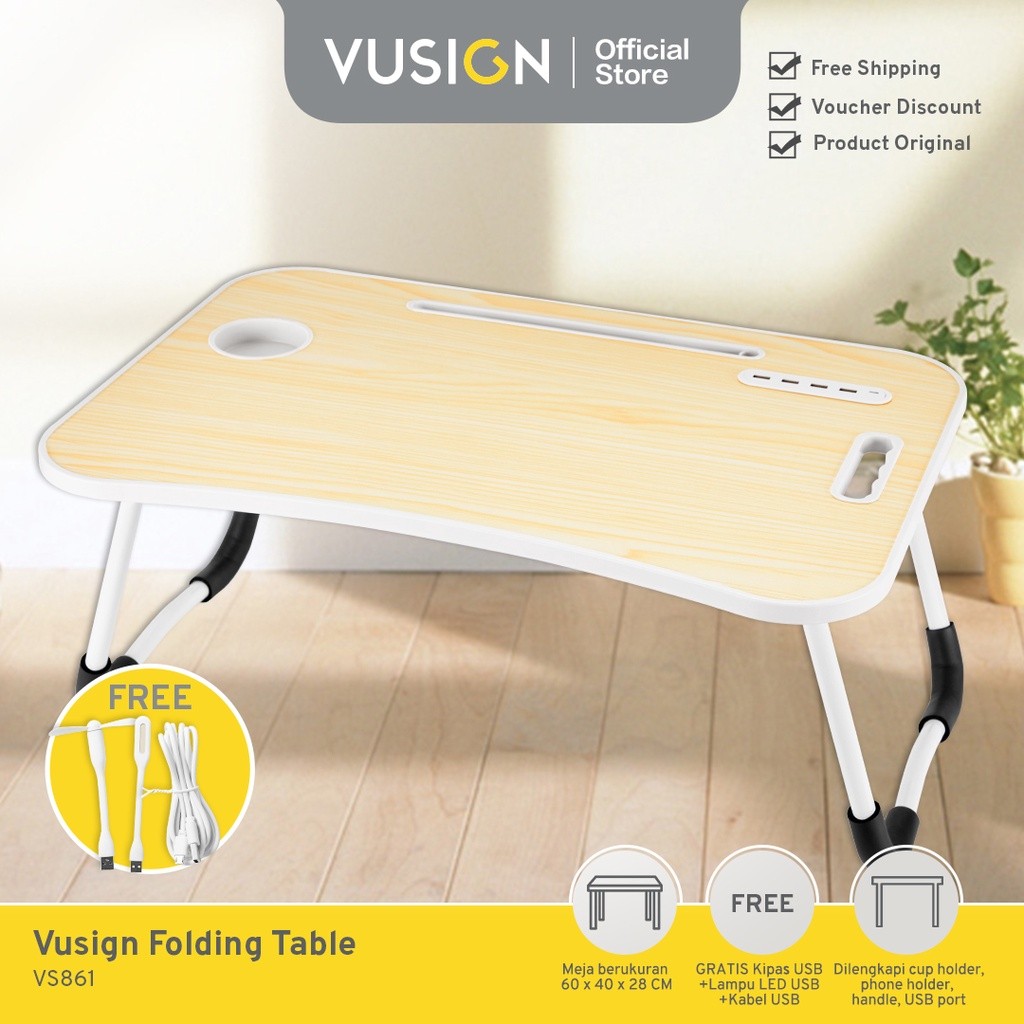 Vusign Folding Table Meja Belajar Laptop Lipat Warna-Warni Dengan USB Port Bonus Kipas Lampu dan Kab