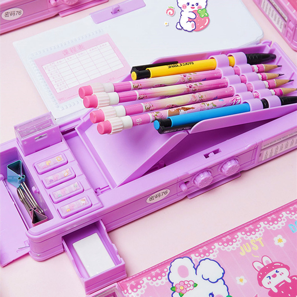

Cartoon Pencil Case with Code Lock Category Placement Drop-proof Pen Box for Children Kids Boys Girls