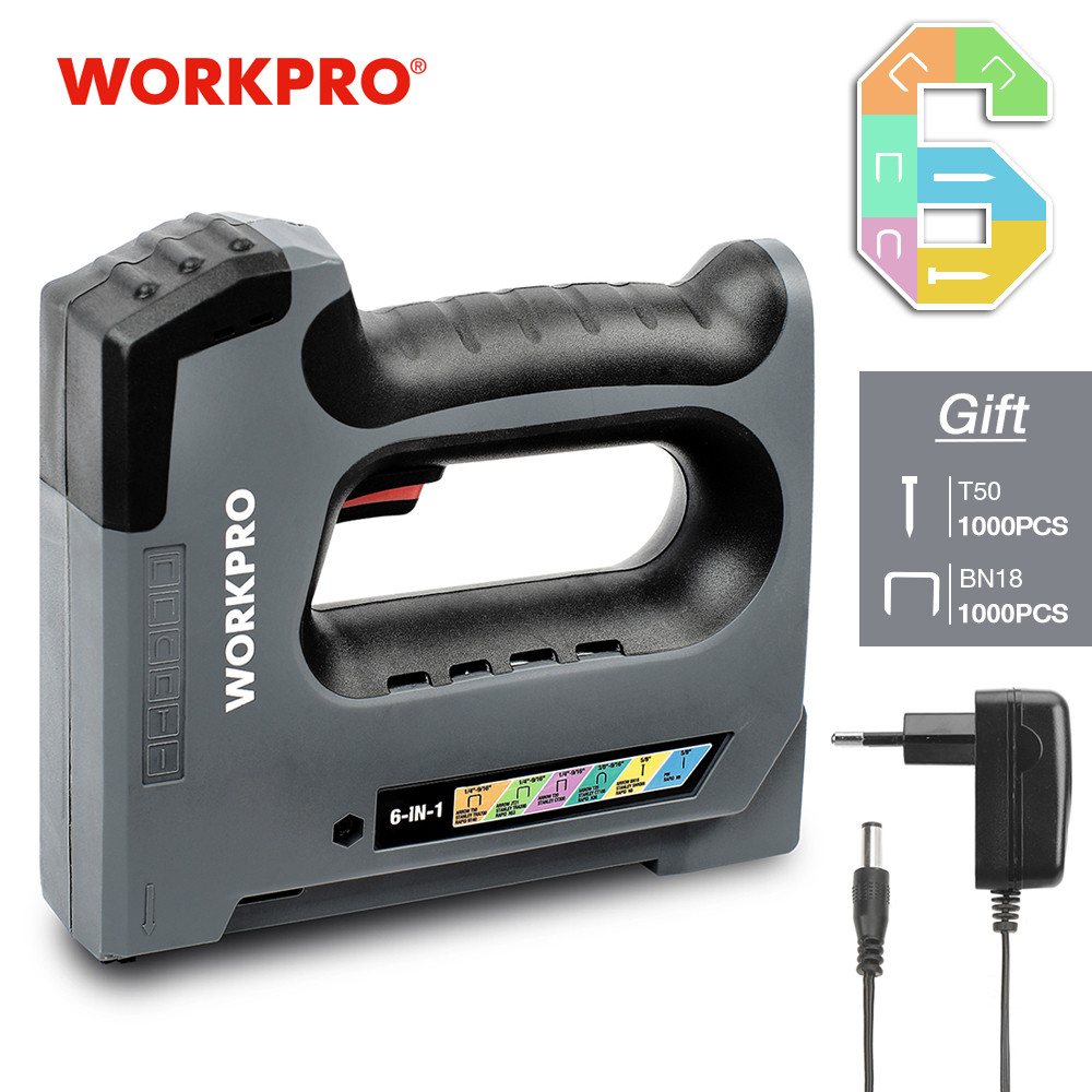 

WORKPRO Electric Stapler 3.6V Lithium-ion Nail Gun Cordless Heavy Duty Staple Gun 6in1 Nailer Furniture Tool Wood Frame Stapler