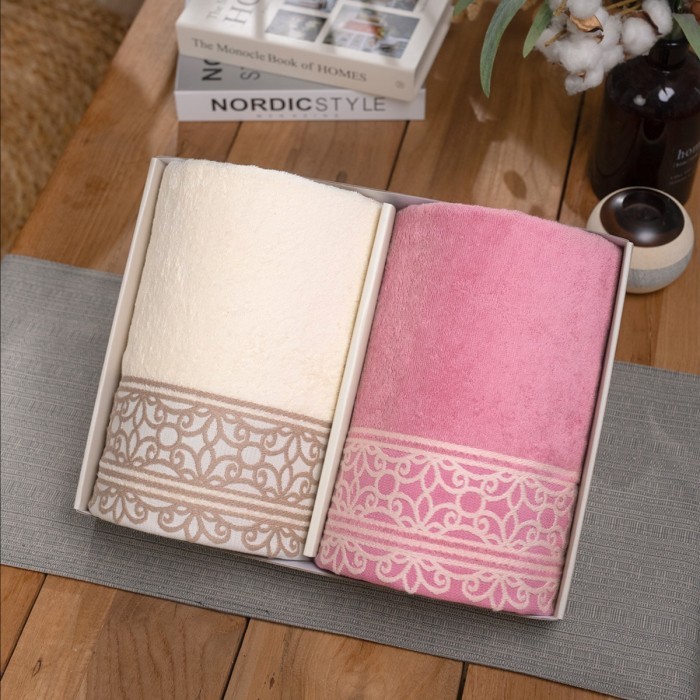 

[Best Seller] Toko Handuk - Gift Hampers Couple Towel (Seserahan / Wedding Gift) - Pink & Cream, No Bordir