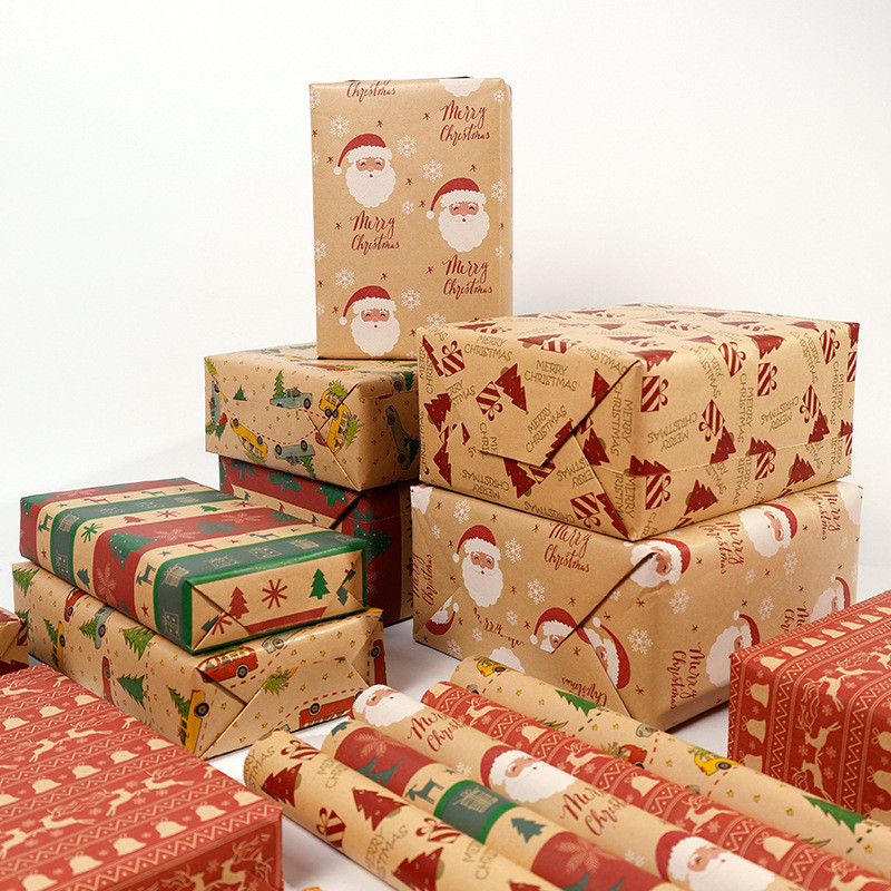 

2Rolls Christmas Kraft Paper Snowflake Elk Xmas Tree Pattern Gift Box Wrapping Bouquet Packing Paper New Year Party Decorations