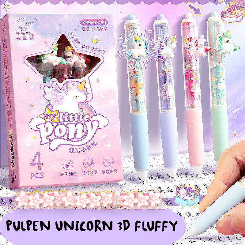 

1 SET ISI 4 PCS PULPEN GEL 0,5 MM DOUBLE LAYERED PEN KARAKTER DREAMY UNICORN 3D TINTA HITAM