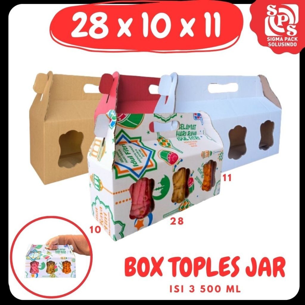 

Box 28x10x11 Jinjing (KUKER TOPLES JAR 500ml Isi 3) Gable Box Kardus Kue Kering / Idul Fitri /Hampers / Lebaran / Gable Box Polos/Motif MEDIAKIT IDN
