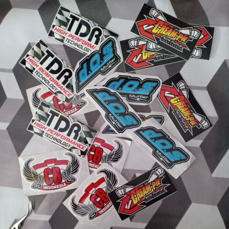 sticker merk knalpot dos jogja cutting laminasi glossy cb Indonesia dpj tdr logo sticker