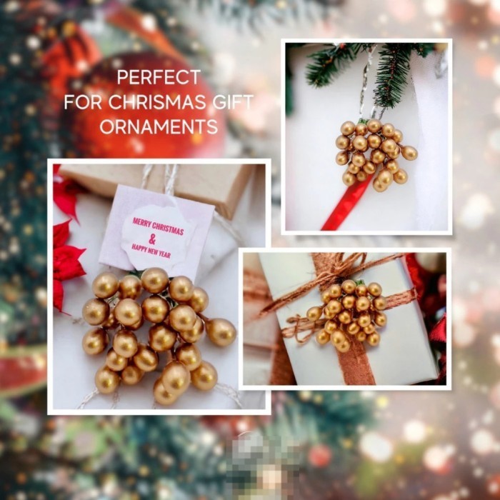 Hiasan dekorasi natal christmas putik bunga lobi cherry oval emas 5mm