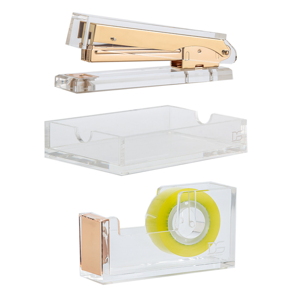 

3pcs/setClear Memo Pad Note Holder+ Clear Gold Toned Acrylic Tape Dispenser +Acrylic Stapler desk kit