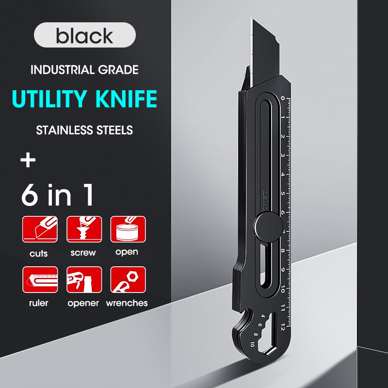 

Industrial Grade 6-in-1 Multifunction Utility Knife Stainless Steel Body Paper Cutter with Replaceable High Carbon Steel Blade