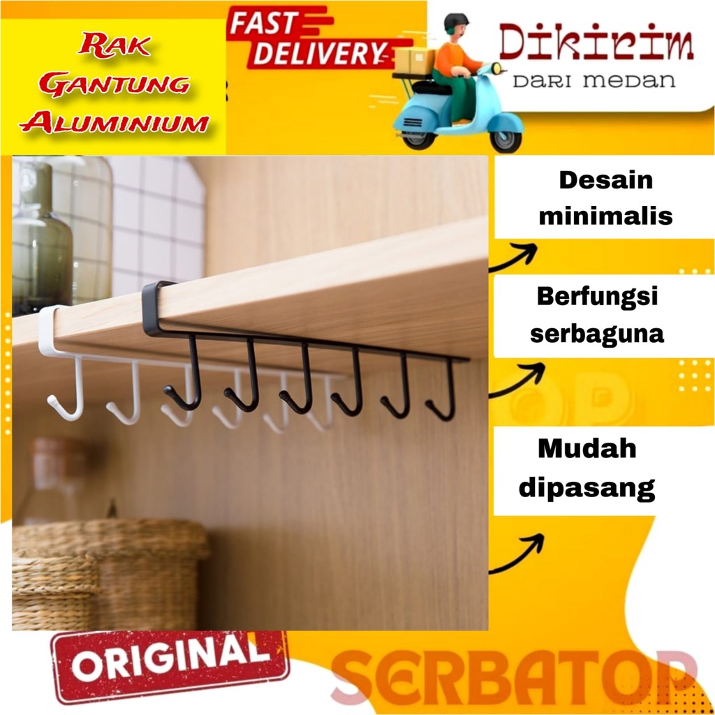 Rak Gantung Lemari Peralatan Dapur 6 Hook Aluminium Rak Gantung Aluminium