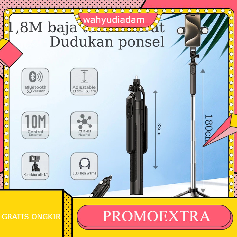 tripod selfie 180cm anti goyang Tongsis-gopro/phone adapter + baja stainless, utk tiktok/vlog