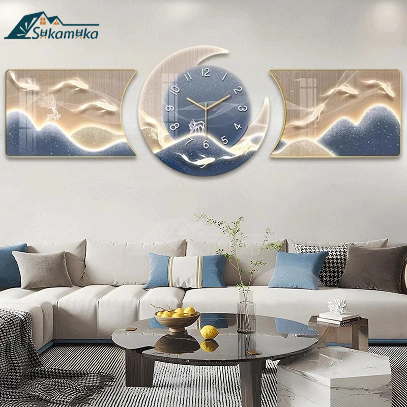 Lampu Dinding Lukisan Jam Hiasan Dinding Ruang Tamu  Jam Dinding Nordic Modern biru Lukisan Krystal 