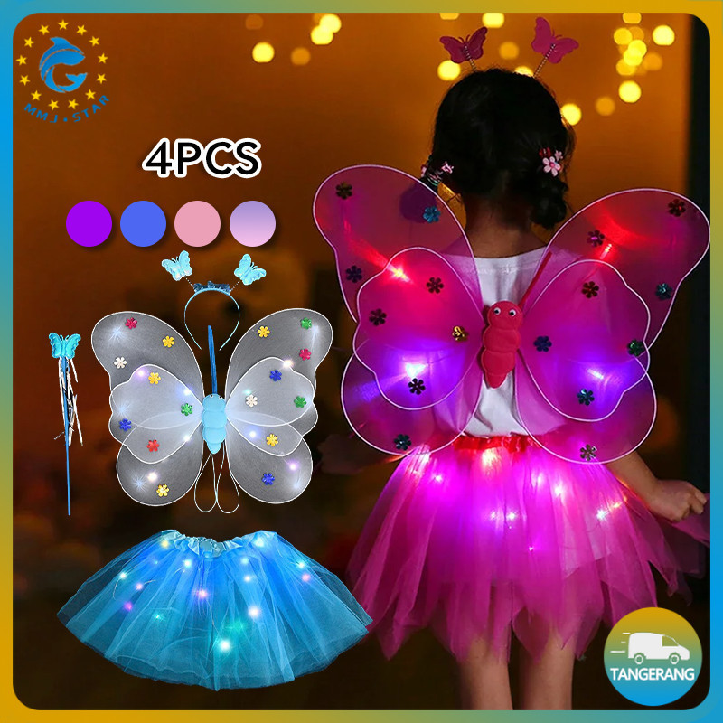 Paket Lengkap Kostum Karnaval Anak LED Sayap Kupu-Kupu Bercahaya Dengan Tongkat Ajaib Rok Tutu