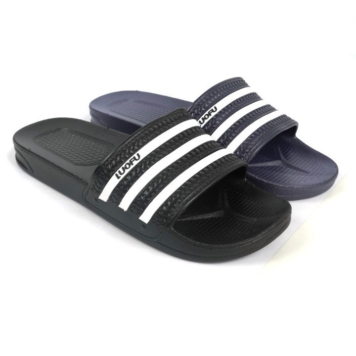 LUOFU ORIGINALS  Sandal Jelly Karet Pvc Pria Kokop Motif Garis Putih F1106K1 [D00]