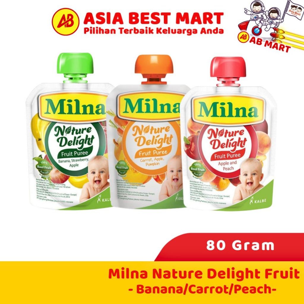 

Milna Nature Delight Fruit Puree Pouch Apple Peach Banana 80 Gram Snack Cemilan Buah Bayi