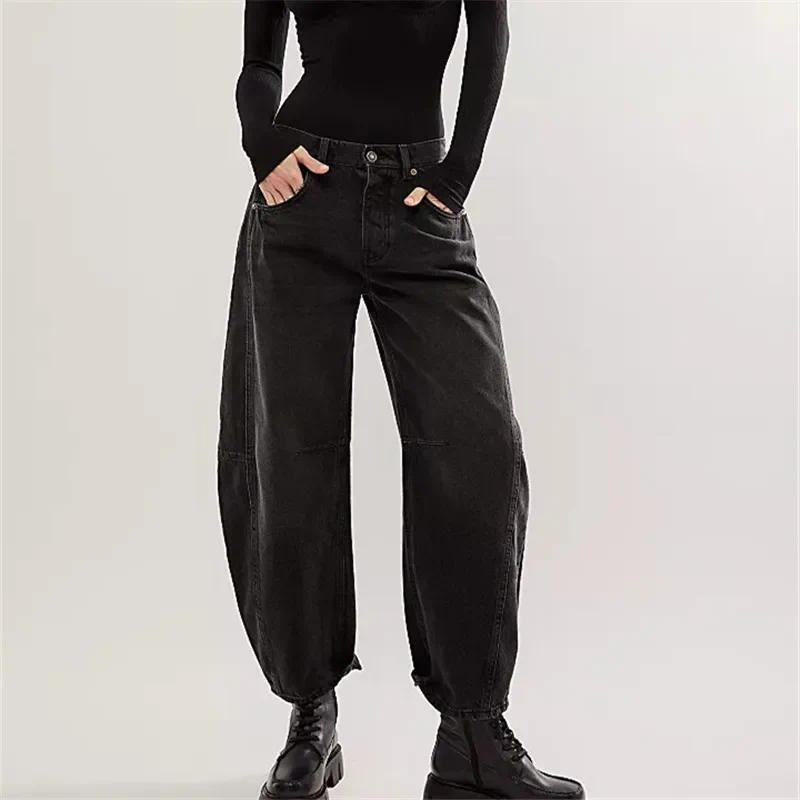 Barrel Jeans Women Casual Baggy Wide Leg Horseshoe Denim Pants Y2k Boyfriend Vintage Tapered Jeans M