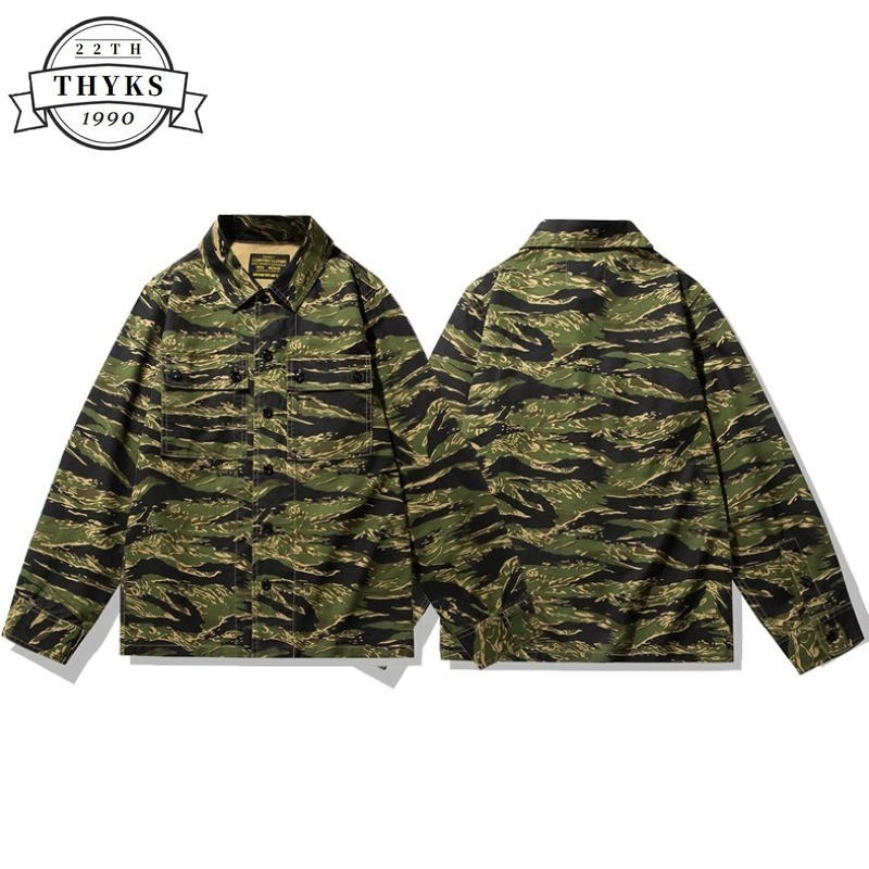 Casual Cargo Shirts Men Tiger Stripe Camo 100%Cotton Work Shirt Long Sleeve Jacket Outdoor Tactical 