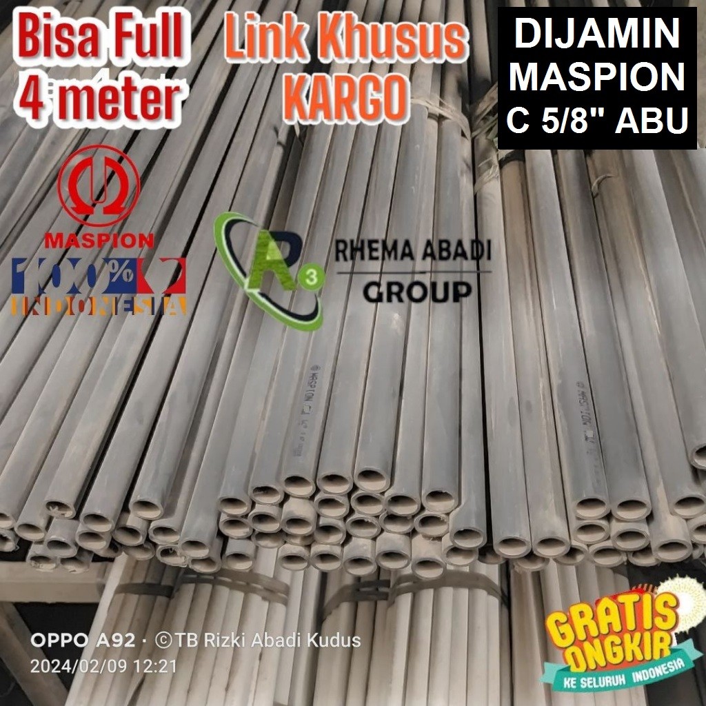 Pralon Pvc Pipa Air Listrik MASPION C ABU 5/8" inch (17mm) Paralon Batangan UTUH 2 & 4 Meter mtr FUL