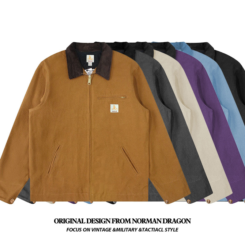 Casual Vintage Washed Corduroy Collar Jeans Spring Varisty Utility Mesh Lining Work Wear Canvas Deni