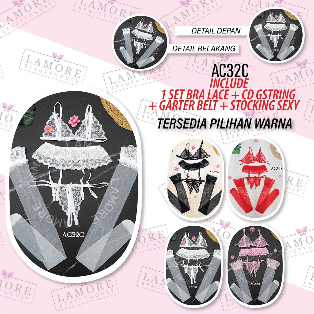 Stocking + Bra Set Cd G String + Garter Belt Lace Semi Transparan Putih Ac32C