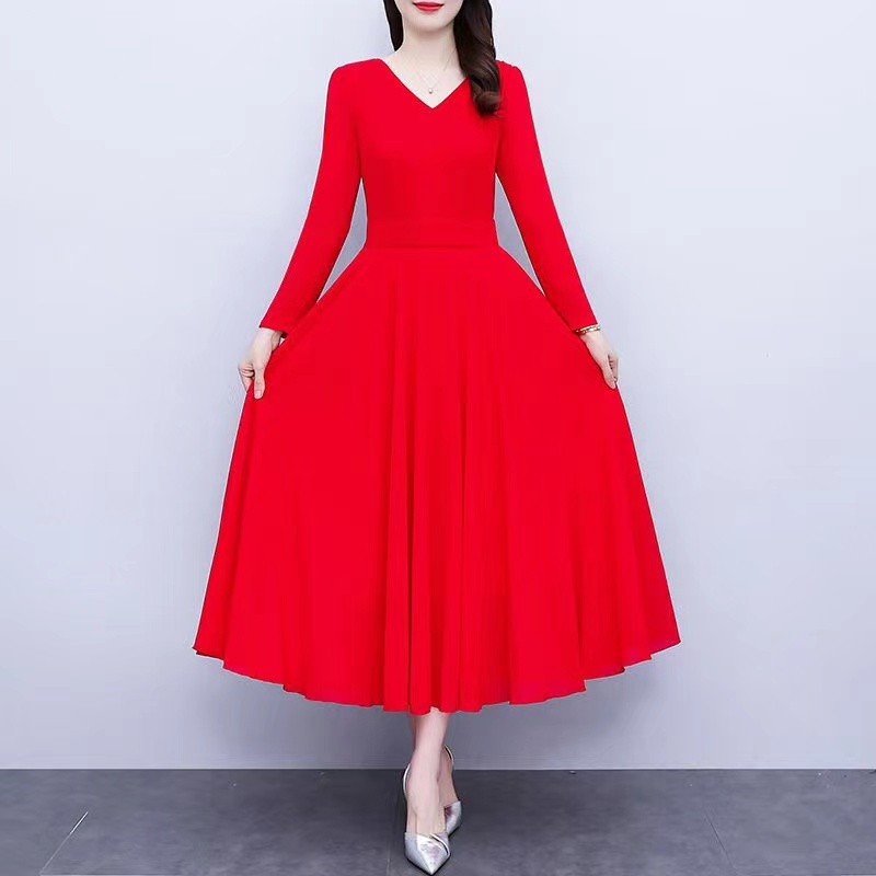 FAN Dress korea sifon lengan panjang berwarna merah