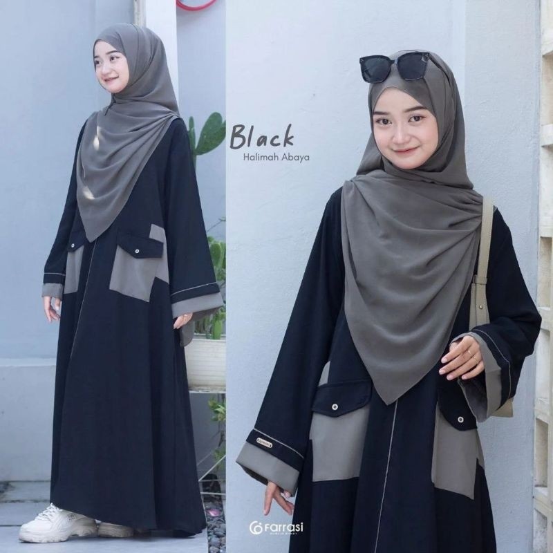 Baju Muslim Halimah Abaya Anak Perempuan Remaja Crinkle Airflow Kombinasi Saku Depan Abaya Spesial R