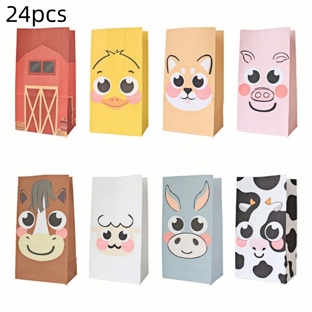 

24pcs farm animal paper gift bag, foldable sticker seal suitable for packaging party gifts, candies, pastries, and various items