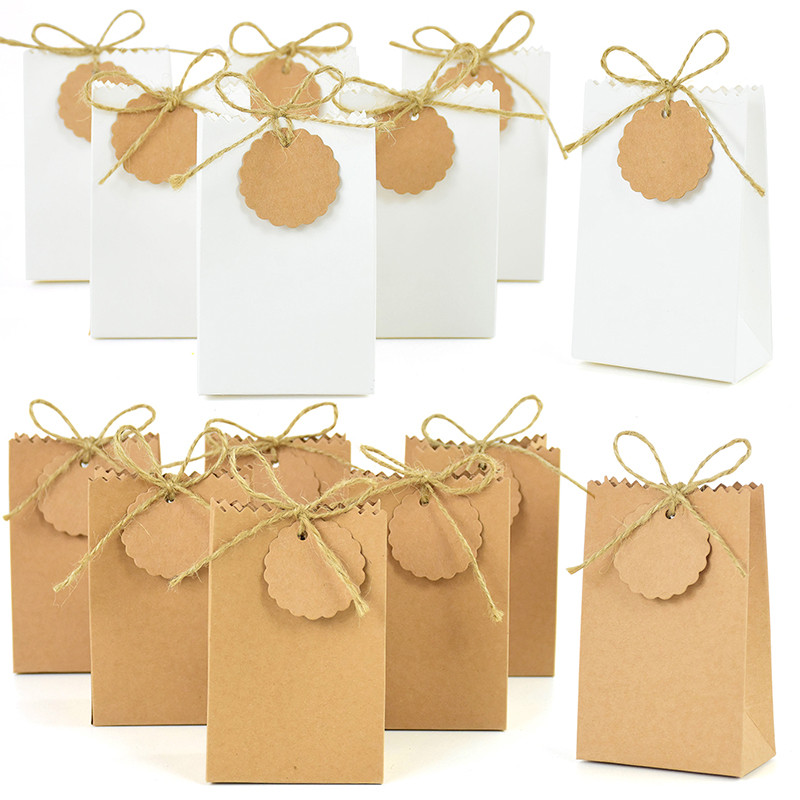 

10/20/30pcs Kraft Paper Candy Bags With Tags Wedding Favors Gifts Packaging Bag Boxes For Kids Birthday Baby Shower Party Decor