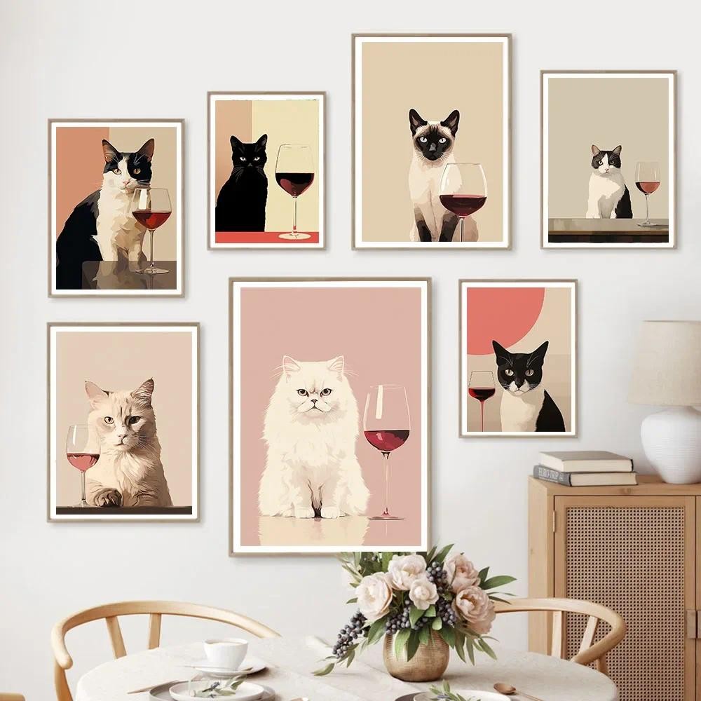 

Moody Persian Cat Drinking Wine Canvas Painting Posters Funny Animal Siamese Prints Wall Art Picture for Living Room Decoration