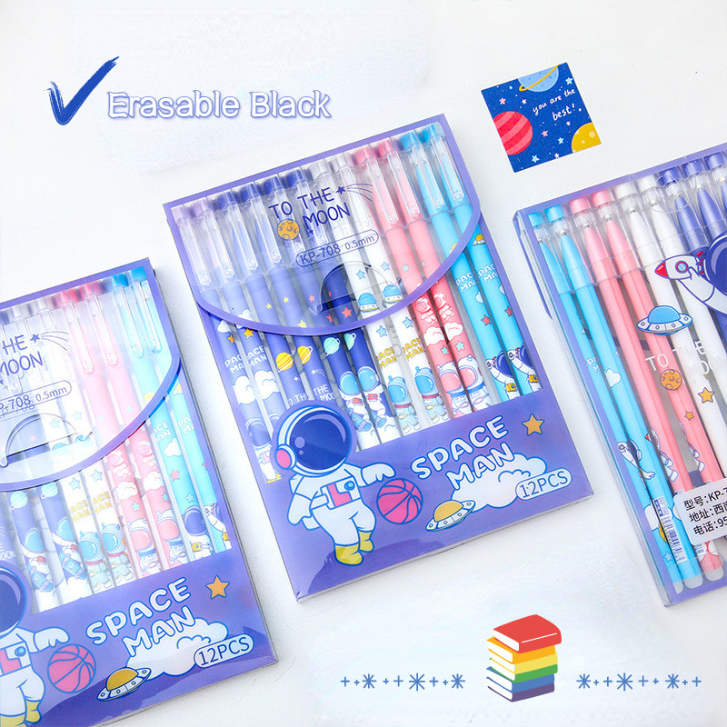 

12Pcs/Set Cute Astronaut Erasable Gel Pen Cartoon Spacemen 0.5mm Black Ink Washable Pens for Writing Kids School Stationery