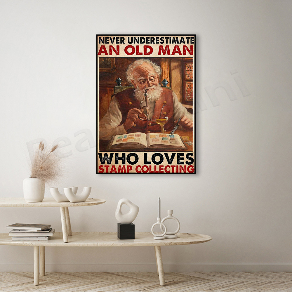 

Man collecting stamps art print, an old man who loves collecting stamps, man collecting stamps art poster, stamp lover gift
