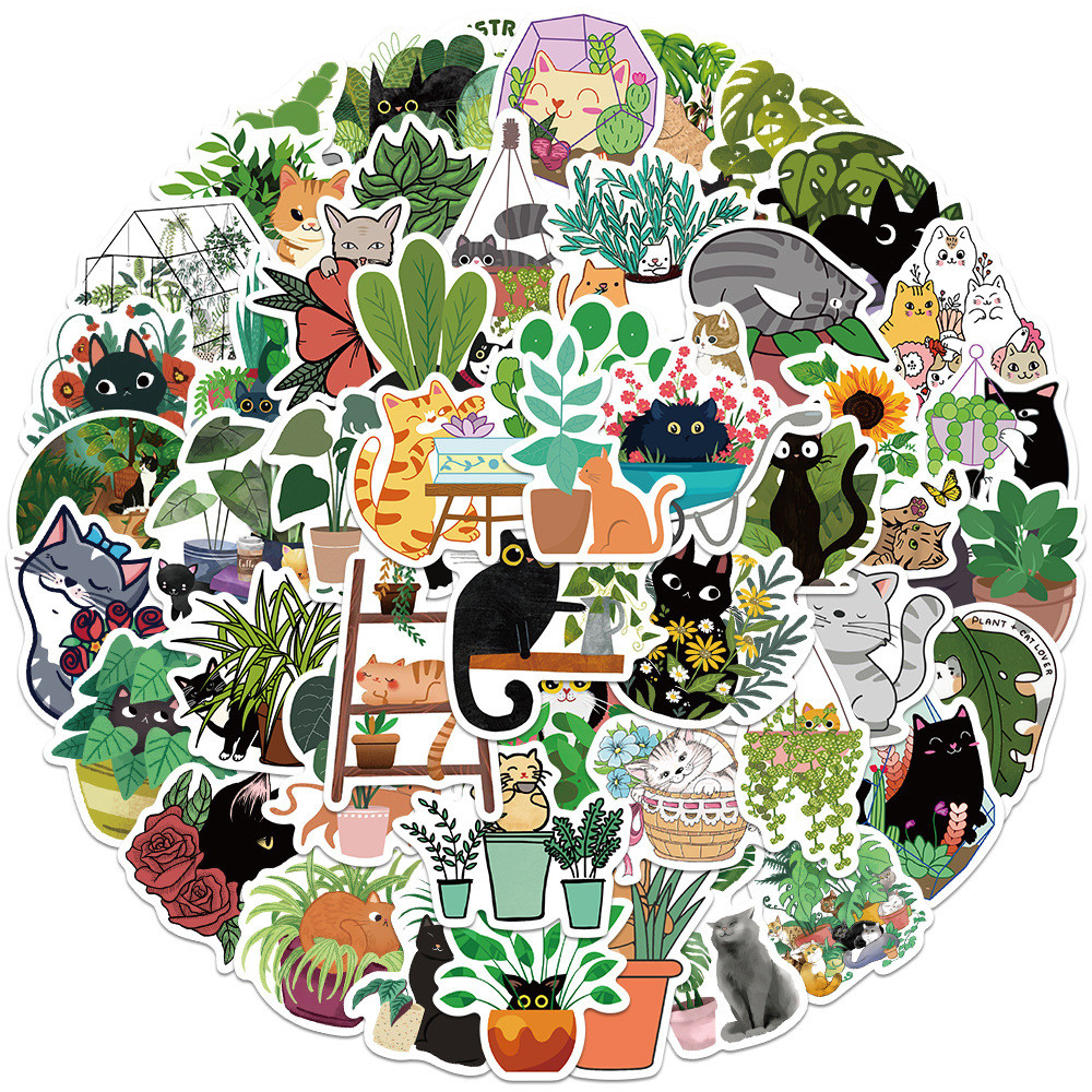 

50 PCS Cat and Plant Stickers for Water Bottles,Cute Vinyl Waterproof Laptop Skateboard Stickers Aesthetic Computer Hydroflask