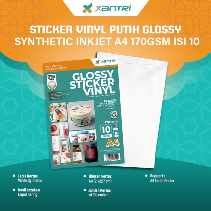 

Xantri Kertas Sticker Vinyl Xantri Putih Synthetic Sintetis Transparent Transparan / Glossy / Doff InkJet A4 170gsm 120gsm Isi 10 20 Lembar
