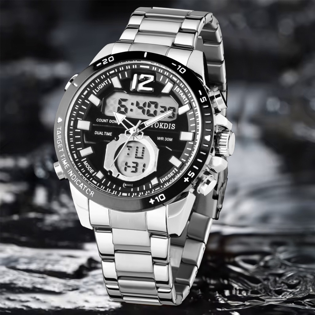 Jam Tangan  Tokdis Jam Tangan Pria 2588 Double Time Rantai Stainless Steel Water Resistant 3 ATM