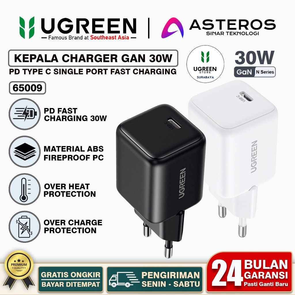 UGREEN Kepala Charger GAN N Series iPhone 13 Pro Max 14 Pro Max 15 Pro Max Fast Charging 30w