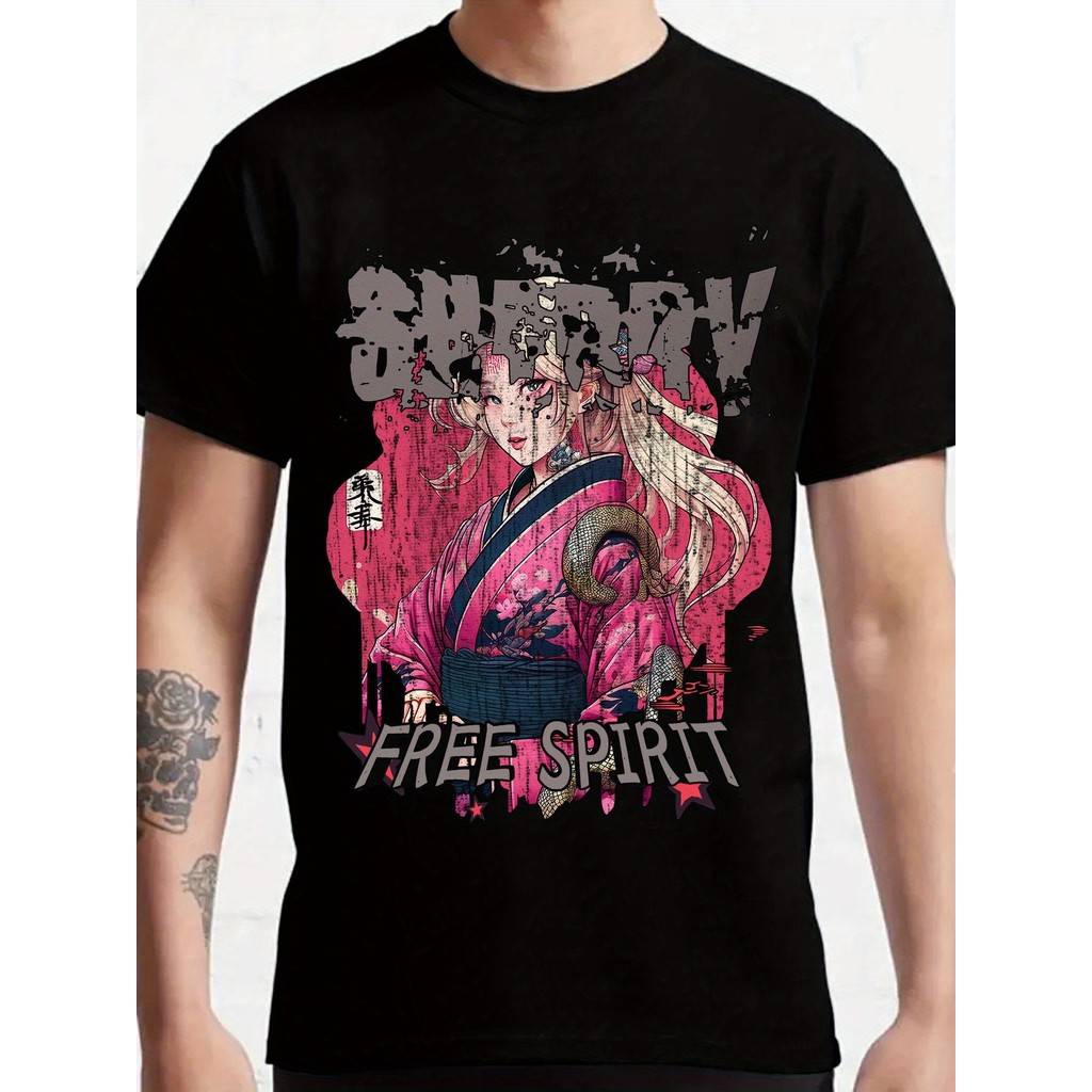 Kaos Pria Wanita Gambar Geisha Tato Jepang S-XXXL Katun Combed 30s Lengan Pendek Motif Tradisional J