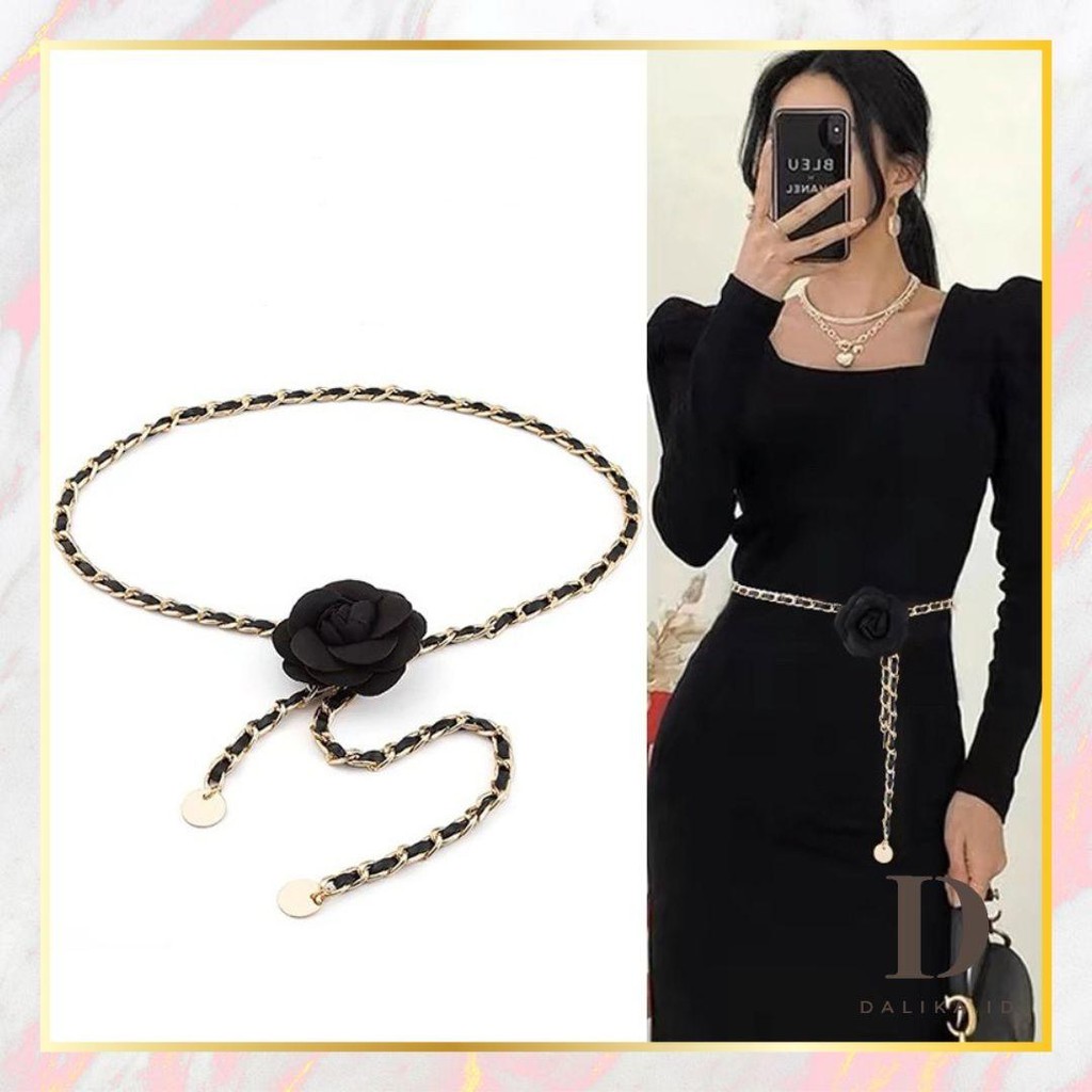 Ikat Pinggang Belt Sabuk Model Rantai Gesper Mawar Hitam Gold Kulit Adjustable Aksesoris Fashion Wan