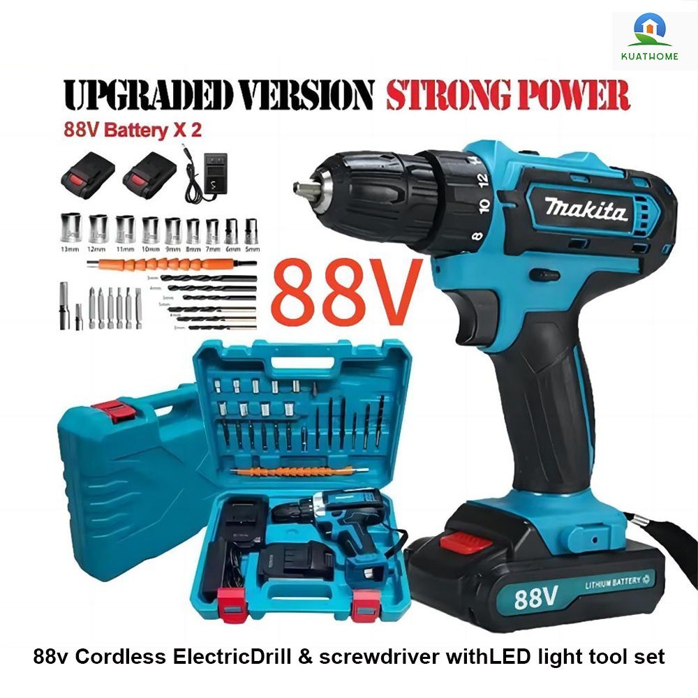 MAKITA 88vf Mesin bor 2baterai cas 10mm bor listrik murah bor tangan baterai besi tembok Beton kayu 