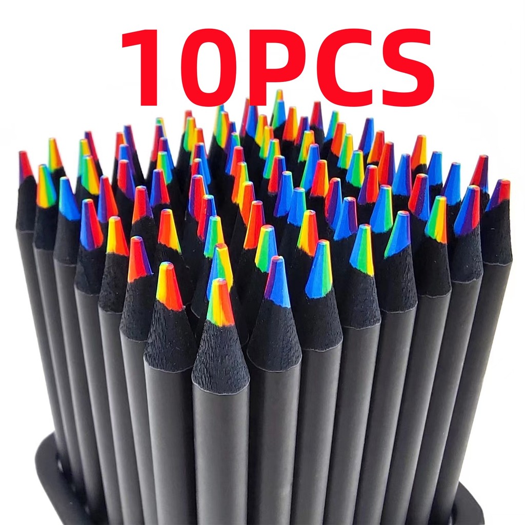 

10PCS Rainbow Pencil Colorful Pencil 7-Color Wood Colorful Black Wood Painting Supplies Christmas Halloween Black Friday Gift