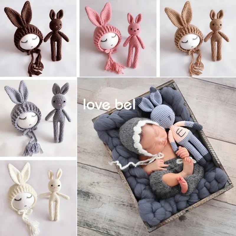 Posing Rabbit Doll Cap Set Newborn Photography Props Cute Handmade Woolen Bunny Cap Baby Photoshoot 