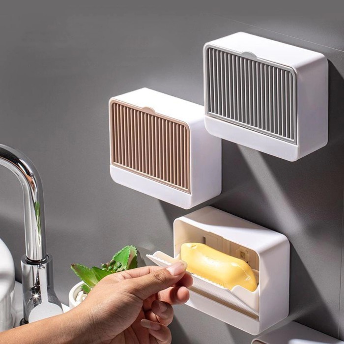 Wall Soap Tempat Sabun Batang Kamar Mandi Dinding Tempel Dapur Wastafel Drain Box Soap Multifunction Bar Soap Box Anti Debu Air Dust Proof Waterproof Dengan Pengering Soap Bar Organizer Open Flip Putih abu Coklat