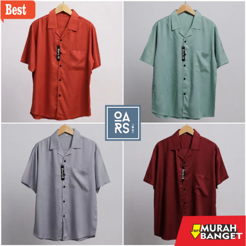 kemeja pendek pria keren kemeja hawai pria polos lengan pendek kerah piyama v-neck bahan katun - HW 
