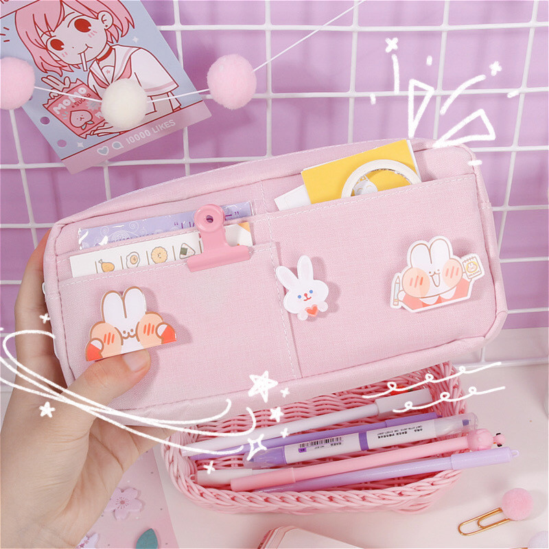 

kawaii Large Pencil Case Stationery Storage Bags Canvas Pencil Bag Cute Makeup Bag School Supplies for Girl Kids Gift w/ Badge