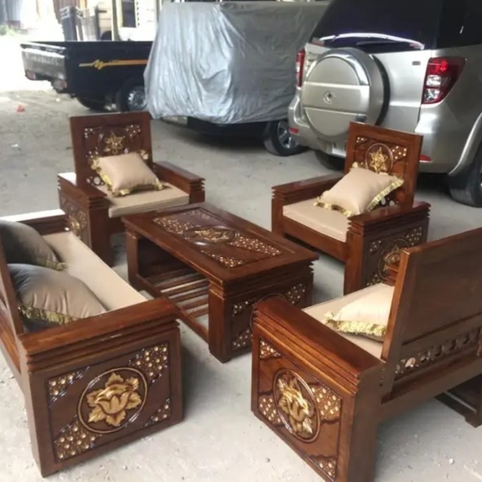 Meja Kursi Tamu Jati Set Bantal Busa Furnture Lancar Meubel Jepara
