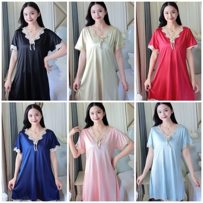 Daster Baju Tidur Wanita Satin Jumbo Size Sexy Sleepwear - Hitam