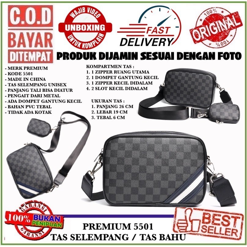 PREMIUM 5501 TAS SELEMPANG / TAS BAHU PRIA WANITA BAHAN PVC TEBAL DENGAN DOMPET KECIL