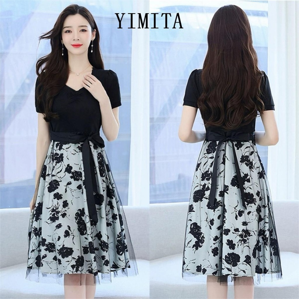 YIMITA dress hitam bunga lengan pendek black and white pantai putih cantik wanita kekinian korean st