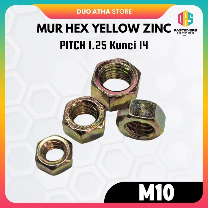 Mur Kuning M10 x 1.25 / Mur M10 Galvanis Kuning / Mur Hex M10 Yellow Zinc Kunci 14