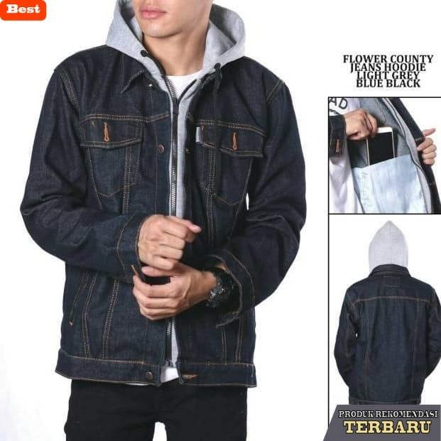 hoodie pria keren Jaket pria jeans hoodie double sletting & kancing - jeans denim - Blueblack, XL
