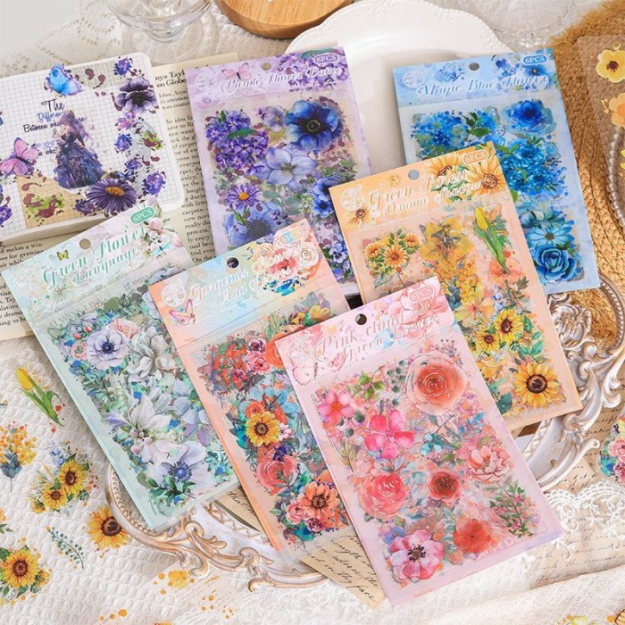 

6 Lembar / Pack Sticker Waterproof Bunga FLOWERS AND QUOTE EDITION PVC PET Journal Stickers