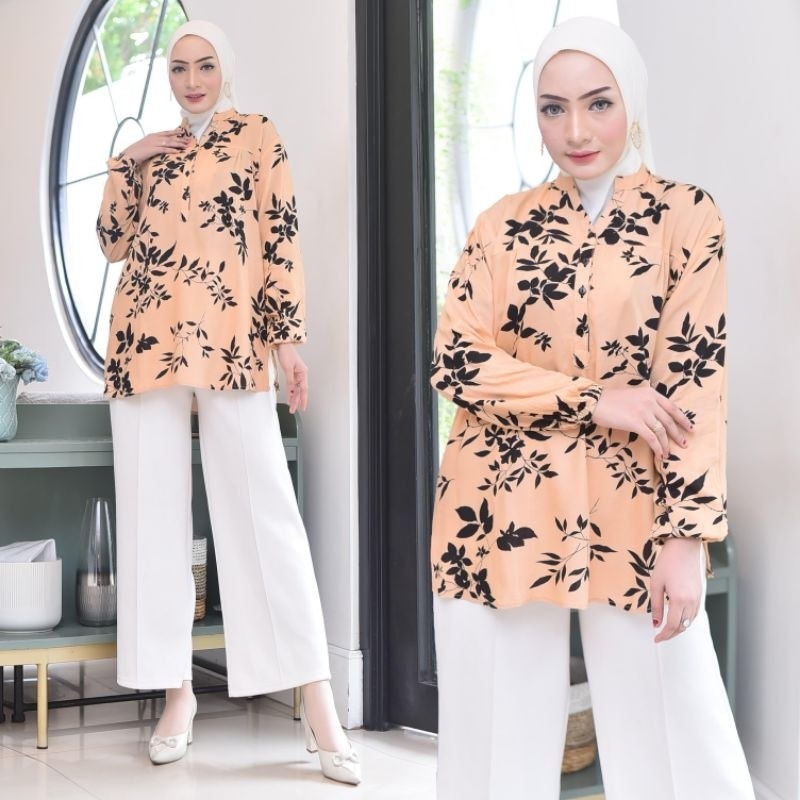 Atasan wanita jumbo Blouse motif bunga-bunga daun kemeja lengan panjang bahan katun rayon premium