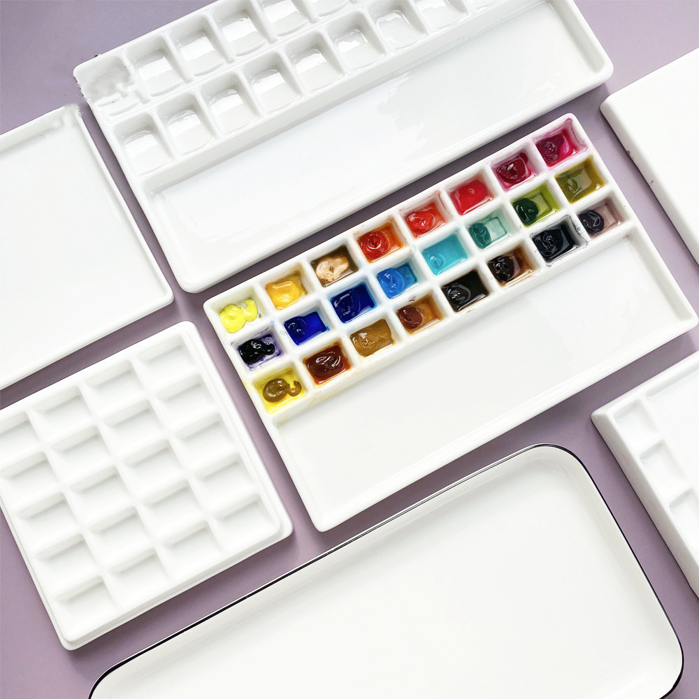

High quality Ceramic watercolor palette rectangular multi-grid white porcelain palette art supplies paint palette with lid